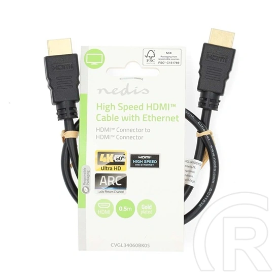 Nedis CVGL34060BK05 HDMI kábel (0,5 m, 4K@60Hz, ARC, 18 Gbps, aranyozott csatlakozók, fekete)
