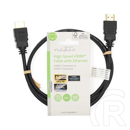 Nedis CVGL34060BK10 HDMI kábel (HDMI dugó / dugó, 4K@60Hz, ARC, 18 Gbps, aranyozott csatlakozók, 1 m)