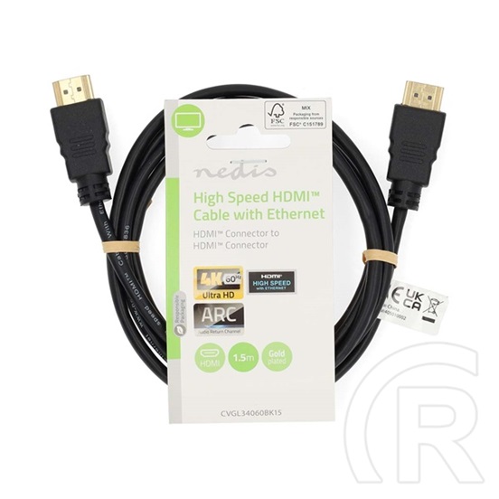 Nedis CVGL34060BK15 HDMI kábel (HDMI dugó/dugó, 4K@60Hz, ARC, 18 Gbps, aranyozott csatlakozók, 1,5 m)