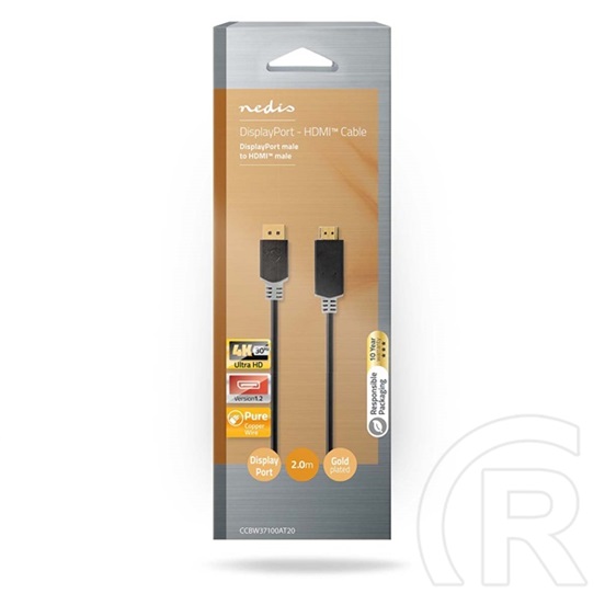 Nedis DisplayPort - HDMI kábel (DisplayPort dugó / HDMI dugó, 2 m, 4K@30Hz, aranyozott, antracit)