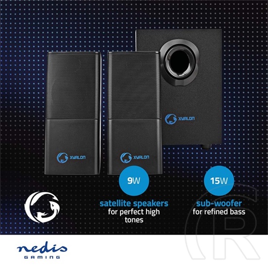 Nedis GSPR10021BK aktív gamer hangszóró 2.1 (USB tápellátás, 3,5 mm jack, 30 W, hangerőszabályozó, fekete)