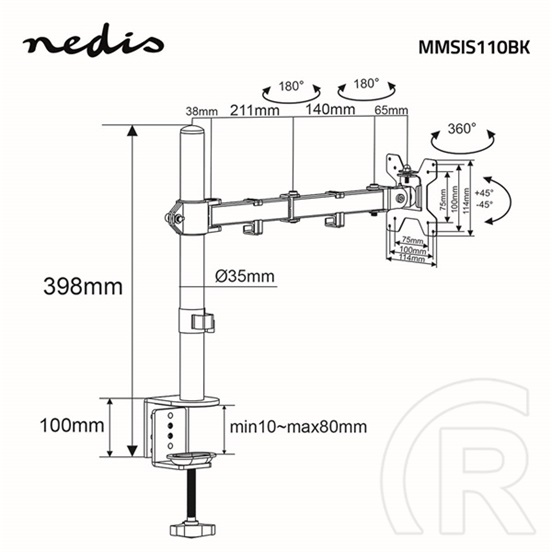 Nedis MMSIS110BK asztali monitor tartó konzol (15-32", VESA 75x75/100x100, max. 8 kg, fekete)