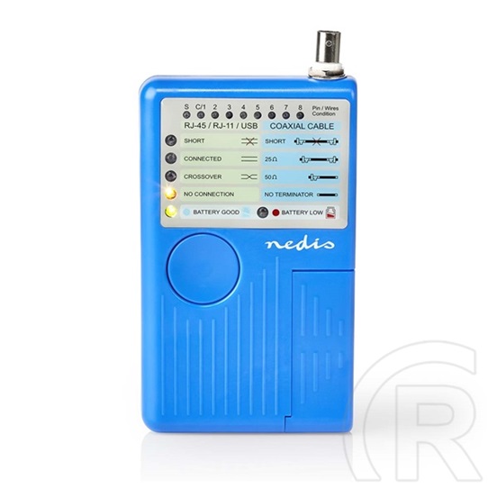 Nedis NWCTM100BU LAN kábel teszter (RJ45, RJ11, BNC, USB AB, 9V elem, max. 180 m, LED kijelző, kék)