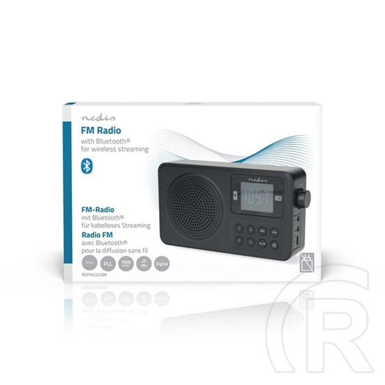 Nedis RDFM2225BK bluetooth hordozható FM rádió (v5.3, 1900mAh belső akku, max. 10 óra, 1 W, USB-C, 3,5 mm, fekete)