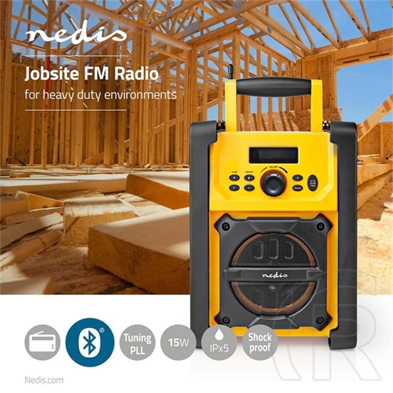 Nedis RDFM3100 munka rádió (v4.2, 15w, ipx5 vízálló, 20 FM állomás, 3,5 mm audióbemenet, sárga)