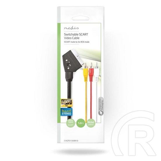 Nedis SCART kábel (3x RCA férfi, nikkelezett, kapcsolható, 480p, 1 m, kerek, PVC, fekete)