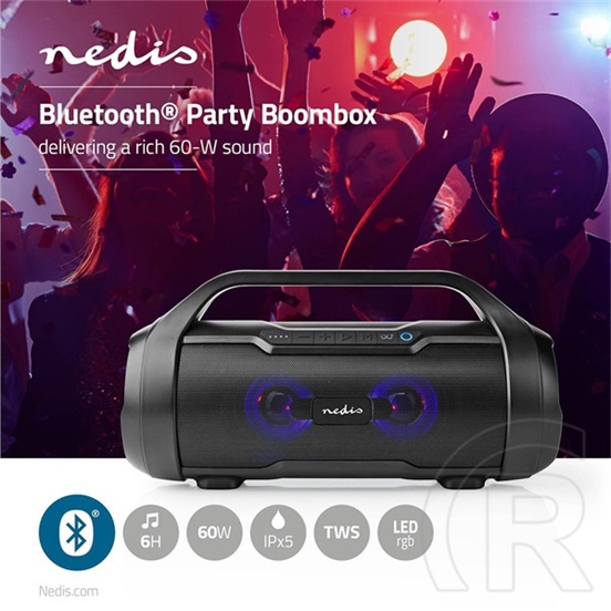 Nedis SPBB310BK bluetooth akkumulátoros party boombox (v5.0, 3000mAh, 120W, ipx5 vízálló, microSD, 6 óra, fekete)