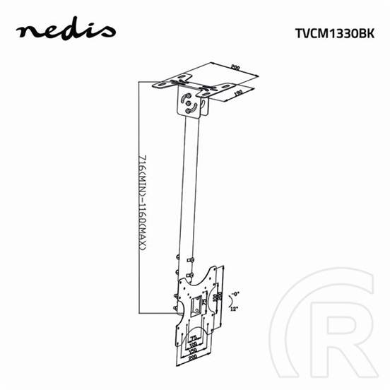 Nedis TVCM1330BK mennyezeti TV/monitor tartó (26-42", VESA 100x100/200x100/200x200/400x200/400x400, 20 kg, dönthető 12°