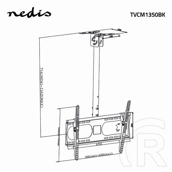 Nedis TVCM1350BK mennyezeti TV/monitor tartó konzol (42-65", dönthető, forgatható, VESA 100x100-600x400, 45kg, fekete)