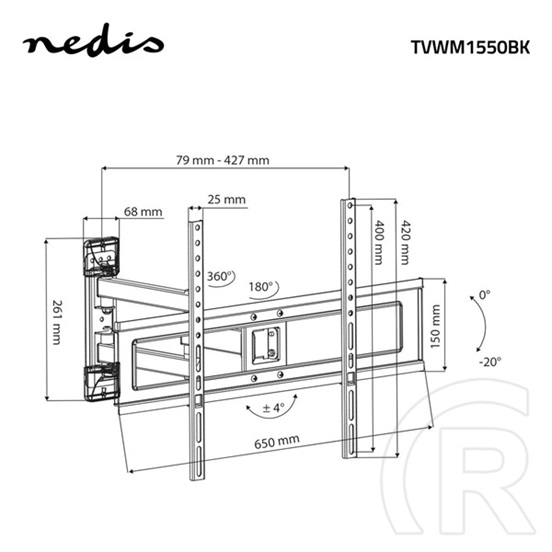 Nedis TVWM1550BK fali tartókonzol (37"-70", VESA 100x100-600x400, 35 kg, dönthető, forgatható, acél, fekete)