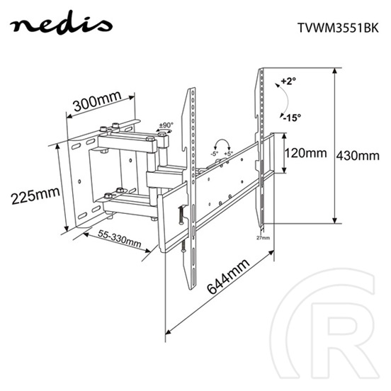 Nedis TVWM3551BK mozgatható fali TV/monitor tartó (37"-80", 35 kg, VESA 200x200/300x300/400x400/600x400, dönthető, kihúz