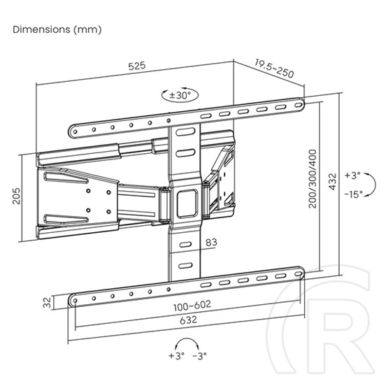 Nedis TVWM5560BK TV/monitor fali konzol (43"-90", max. 50 kg, forgatható, dönthető, 2 forgáspont, VESA 400x400/600x400/4