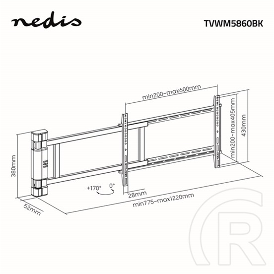 Nedis TVWM5860BK motoros fali konzol (32-75", VESA 400x400, 600x400, max. 60 kg, faltáv 56 mm, távirányítós, fekete)