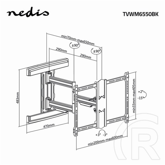 Nedis TVWM6550BK 37"-80" fali tartókonzol (max. 50 kg, forgatható/dönthető, 3 forgáspont, VESA 200x100-600x400, min. fal
