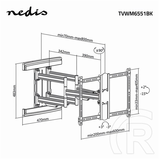Nedis TVWM6551BK fali tartó (37"-80", VESA 200x100-600x400, 70 kg, forgatható/dönthető, 6 forgáspont, fekete)