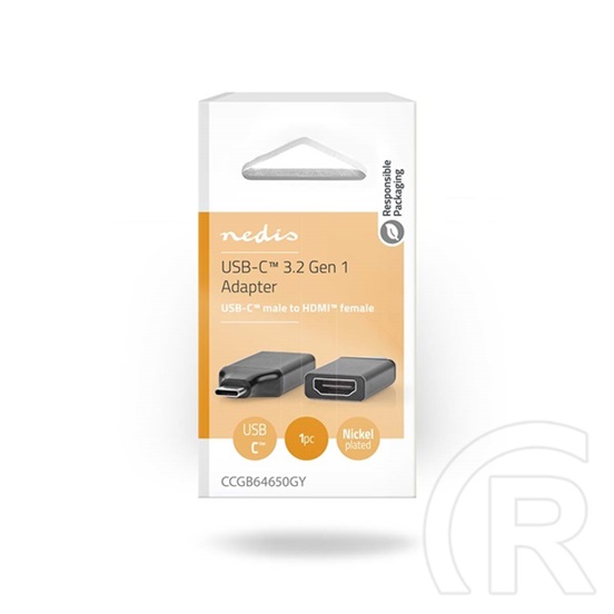 Nedis USB-C - HDMI átalakító adapter (USB 3.2 Gen 1, USB-C dugó / HDMI kimenet, 4K@60Hz, fekete, szürke)