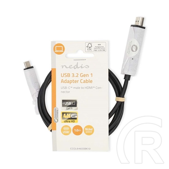 Nedis USB-C - HDMI kábel (USB-C dugó / HDMI csatlakozó, USB 3.2 Gen 1, DP alt mód, 4K@60Hz, 1 m, fekete)