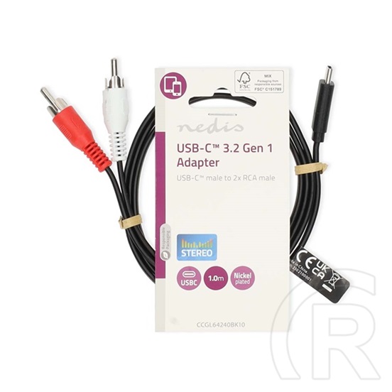 Nedis USB-C kábel (USB-C dugó / 2x RCA dugó, USB 3.2 Gen 1, 1 m, fekete)