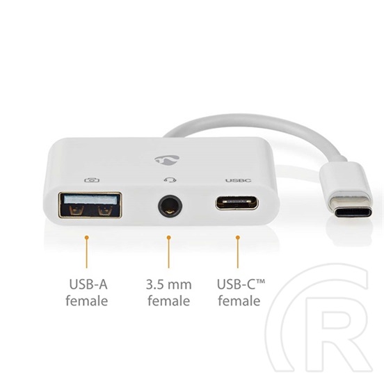 Nedis USB-C multiport kábel (USB-C dugó / USB-A anya / 3,5 mm-es anya, 0,1 m, USB 2.0, fehér)