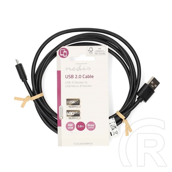 Nedis USB 2.0 adat- és töltőkábel (USB-A dugó / Micro-B dugó, 7,5W, 2 m, fekete)