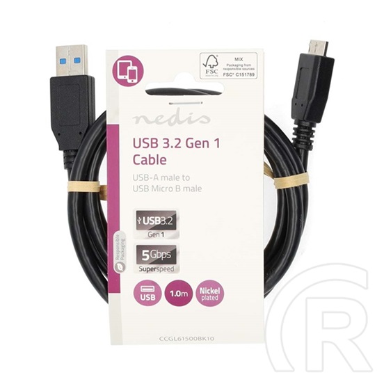 Nedis USB 3.2 - micro-B kábel (USB-A dugó / micro-B dugó, 5 Gbps, 1 m, fekete)