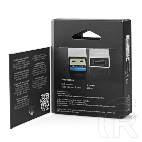 Nedis USB 3.2 Gen 1 USB-A adapter (USB-A dugó / USB-C aljzat, 5 Gbit/s, kerek, nikkelezett, ezüst)