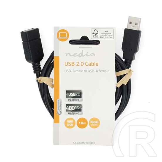 Nedis USB A-A hosszabbító/toldó kábel (A dugó / A aljzat, USB 2.0, 480 Mbps, 1 m, fekete)