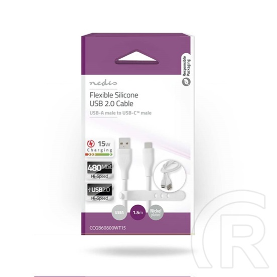 Nedis USB adat- és töltőkábel (A dugó / C dugó, USB 2.0, 15W, 1,5 m, fehér)