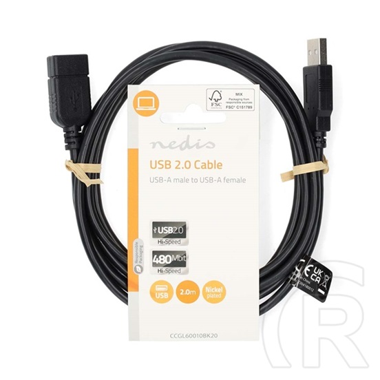 Nedis USB hosszabbító / toldó kábel (USB-A férfi / USB-A nő, USB 2.0, 2 m, fekete)