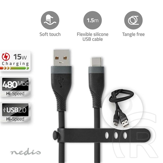 Nedis USB kábel (A dugó / C dugó, USB 2.0, 15W, 1,5 m, fekete)