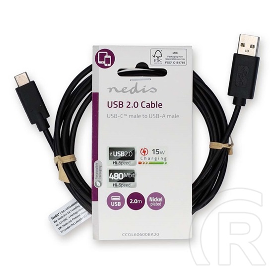 Nedis USB kábel (A dugó / C dugó, USB 2.0, 15W, 2 m, fekete)