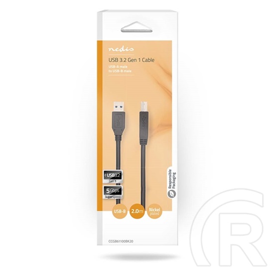 Nedis USB kábel (USB-A dugó / USB-B dugó, 2 m, USB 3.2 Gen 1, 5 Gbps, nikkelezett, fekete)