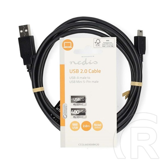 Nedis USB kábel (USB-A dugó / USB Mini-B 5p dugó, 2 m, 480 Mbps, fekete)