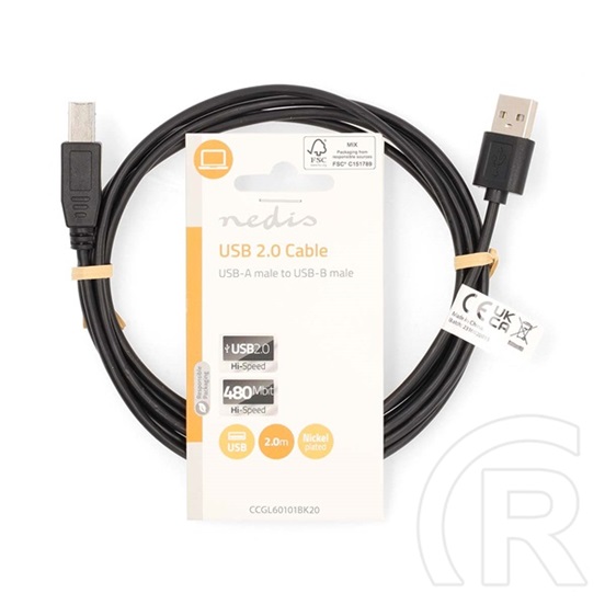Nedis USB kábel (USB A dugó / USB B dugó, USB 2.0, 2 m, 480 Mbps, fekete)