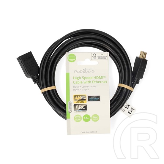 Nedis Ultra HD HDMI hosszabbító kábel CVGL34096BK30 (HDMI dugó / aljzat, 4K@60Hz, ARC, 10,2 Gbps, 3 m, fekete)