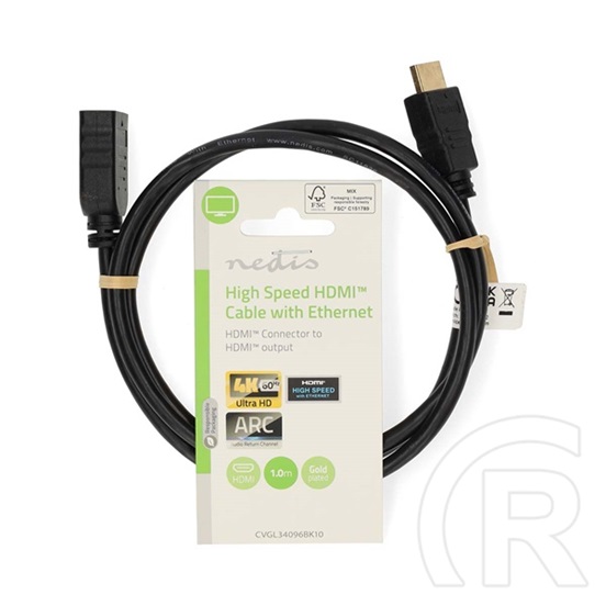Nedis Ultra HD HDMI hosszabbító kábel (HDMI dugó / aljzat, 4K@60Hz, 10,2 Gbps, 1 m, fekete)