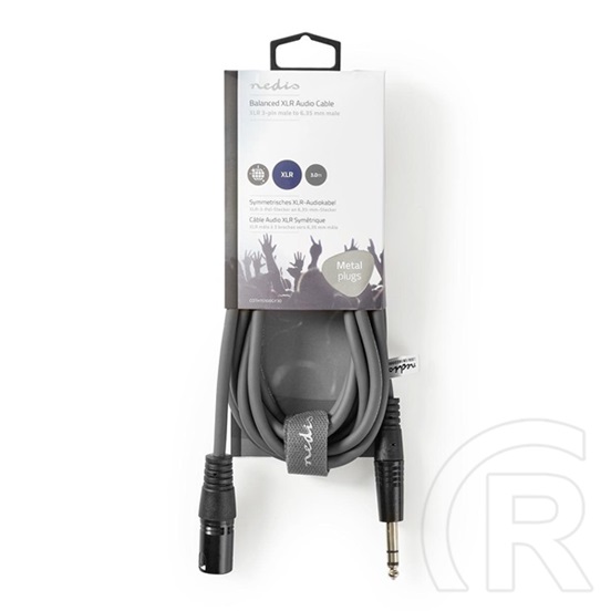 Nedis balanced/szimmetrikus félprofi audio kábel (6,35 mm jack / XLR 3 tűs, 3 m, 6,5 mm köpeny, 20 AWG, sötétszürke)