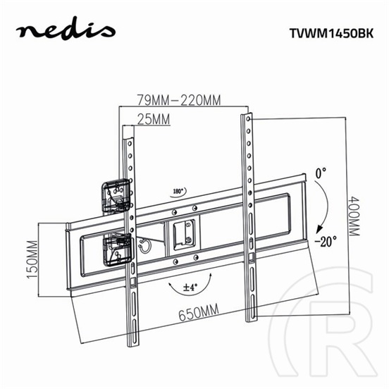 Nedis fali TV/monitor tartó konzol (37"-70", teljes mozgású, 35 kg, dönthető 20°, forgatható 170°, faltávolság 220 mm, k