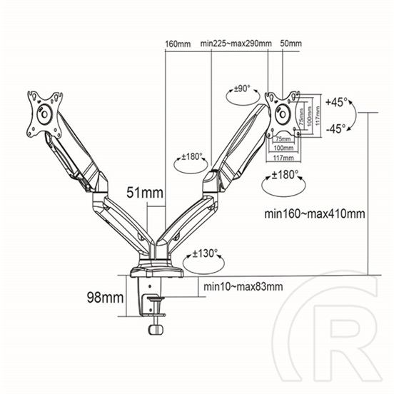 Nedis gázrugós dupla asztali monitor tartó (15-32", VESA 75x75/100x100, 8 kg, fekete)