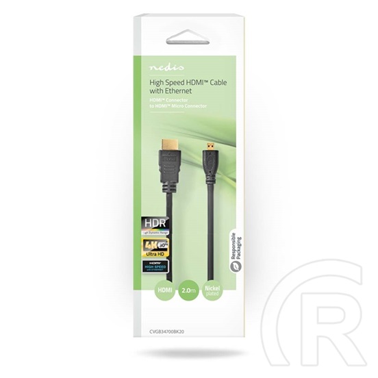 Nedis micro HDMI - HDMI kábel (micro HDMI dugó / HDMI dugó, 2 m, 4K@30Hz, 10,2 Gbps, fekete)