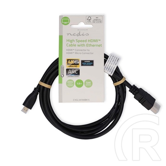 Nedis micro HDMI - HDMI kábel (micro HDMI dugó / HDMI dugó, 4K@30Hz, 10,2 Gbps, 1,5 m, fekete)