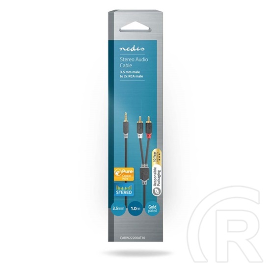 Nedis sztereó audió kábel (3,5 mm jack / 2x RCA, aranyozott csatlakozók, 1 m, antracit)