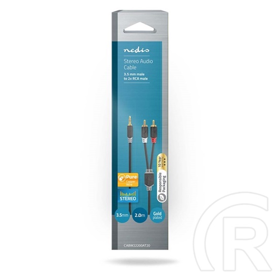 Nedis sztereó audio kábel (3,5 mm jack / 2x RCA, aranyozott csatlakozók, 2 m, antracit)