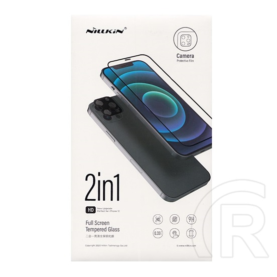 Nillkin Apple iPhone 12 képernyővédő üveg 2in1 (3D full cover, íves, karcálló, 0.33mm, 9H + kameravédő fólia) fekete