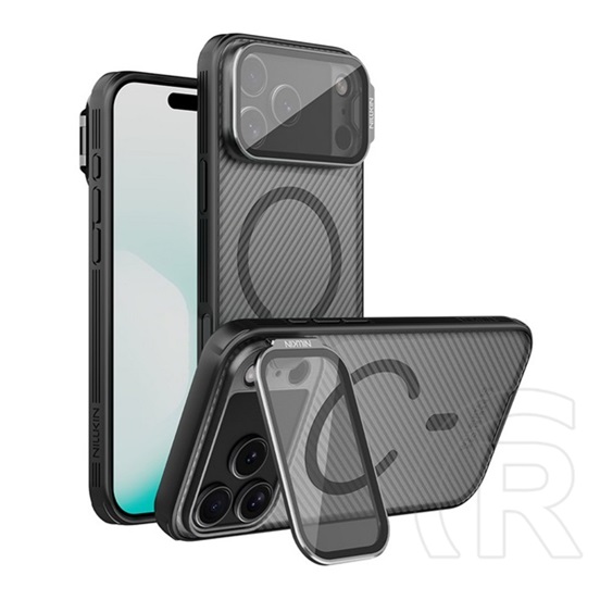Nillkin Apple iPhone 17 Pro camshield prop magnetic védő (ütésálló, kameravédő, kitámasztó, csíkos) átlátszó/fekete