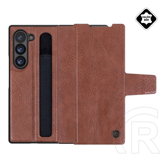 Nillkin Samsung Galaxy Z Fold6 5G (SM-F956) aoge műanyag védő (valódi bőr hátlap, plüss belső, ceruza tartó) barna
