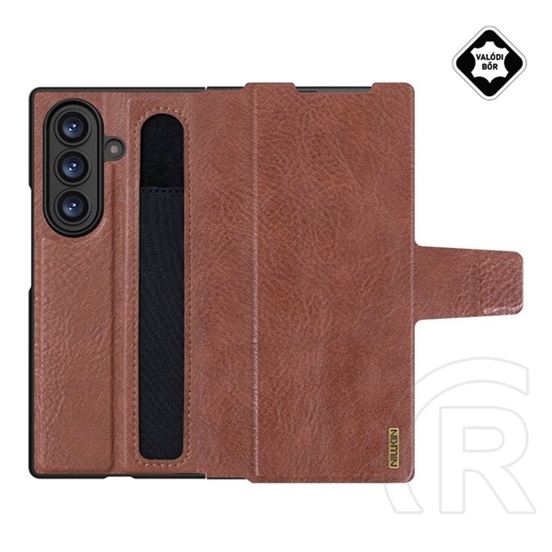 Nillkin Samsung Galaxy Z Fold7 (SM-F966) aoge  védő (valódi bőr hátlap, mikrofiber plüss belső, ceruza tartó) sötétbarna