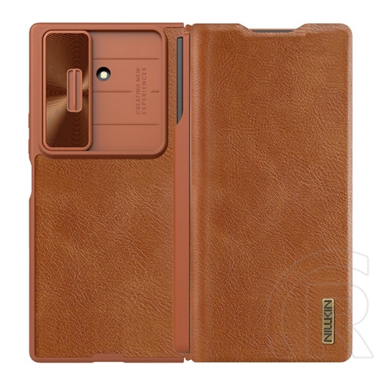 Nillkin Samsung Galaxy Z Fold7 (SM-F966) qin pro tok álló, bőr hatás (flip, kártyazseb, kameravédő, érintő ceruza) barna