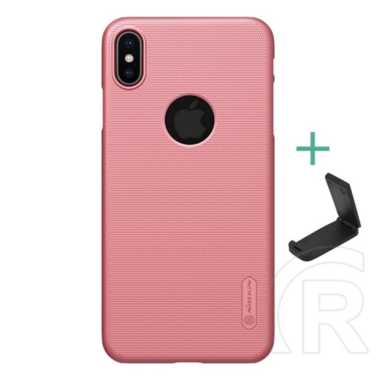 Nillkin Super Frosted Apple iPhone XS Max 6.5 műanyag telefonvédő (gumírozott,  logo kivágás + asztali tartó) rozéarany