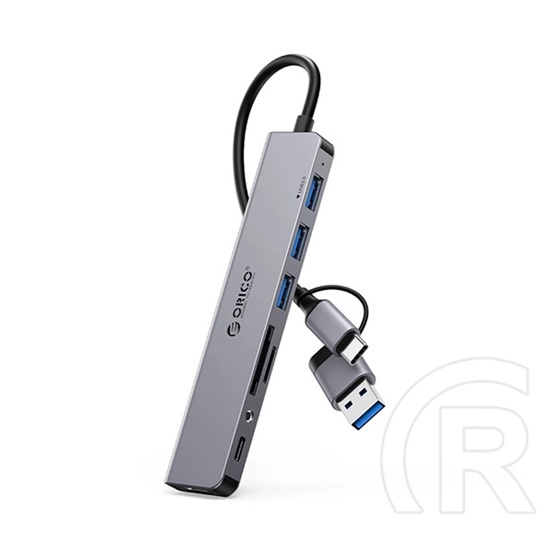 Orico usb+type-c hub 8in2 (elosztó, 4 usb+type-c+3.5mm jack+2 tf/sd kártya aljzat, 30cm) sötétszürke